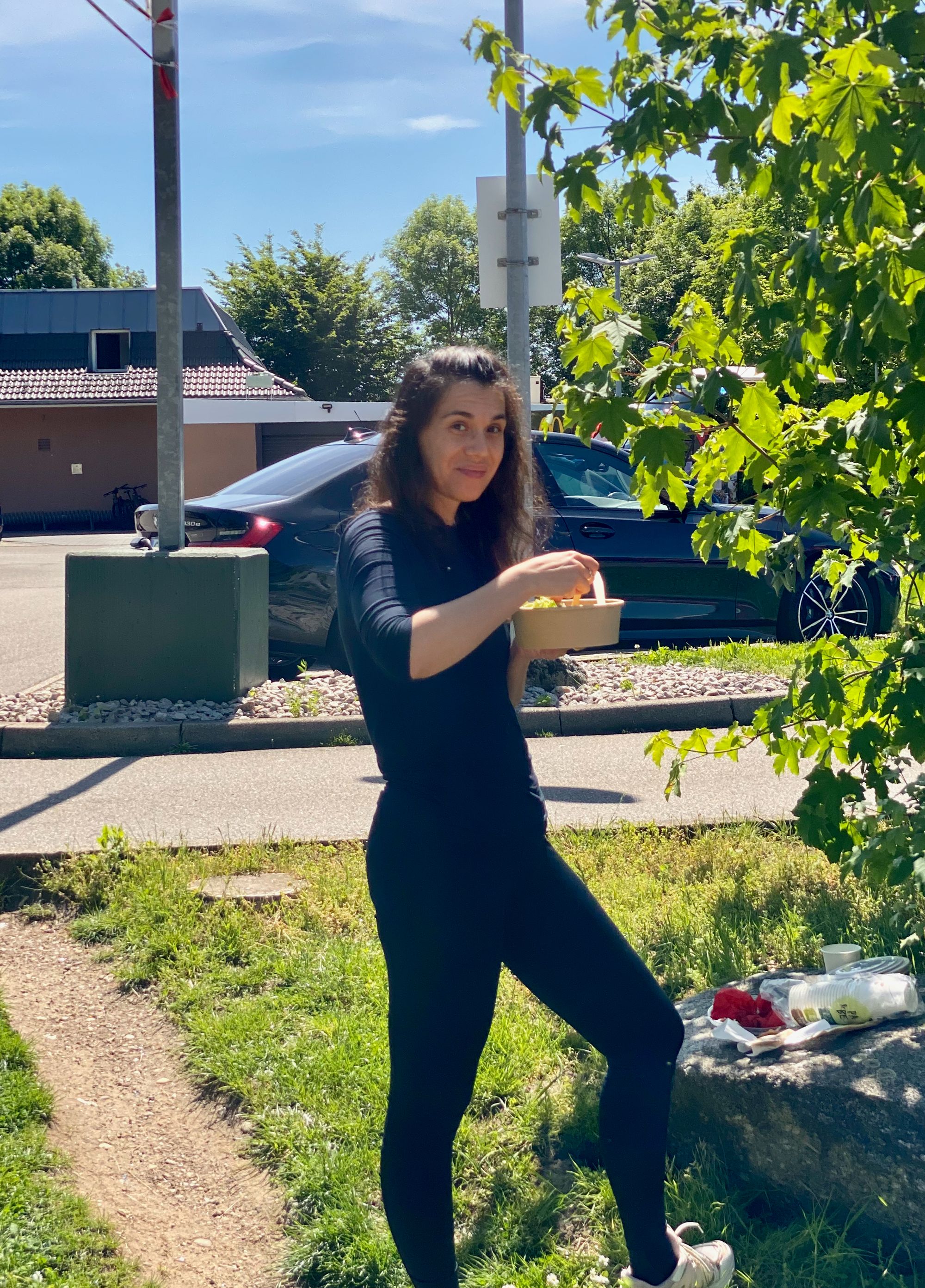 Eating a quick lunch in the sun