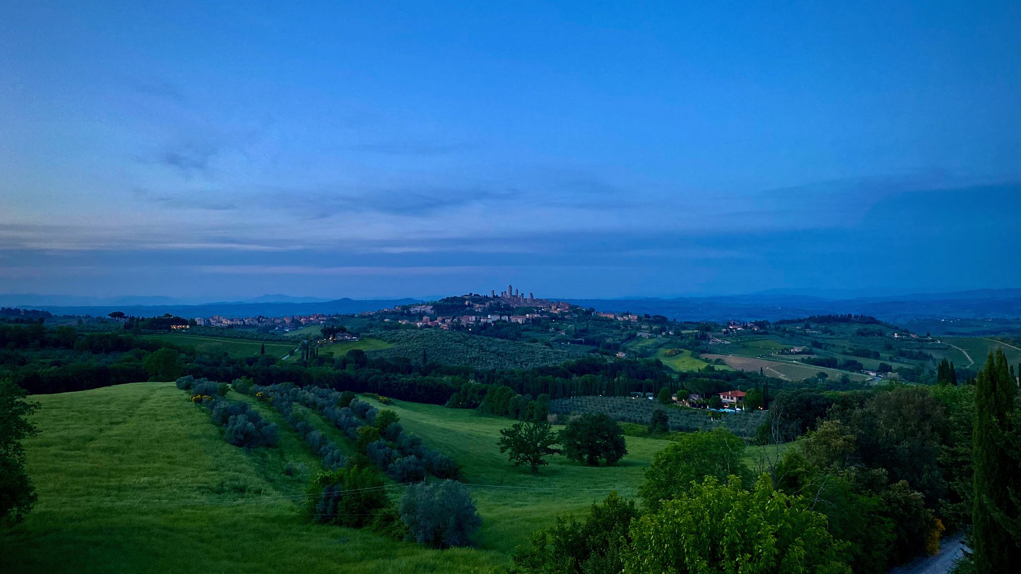 View over San Gimignano and surrounding area after sundown