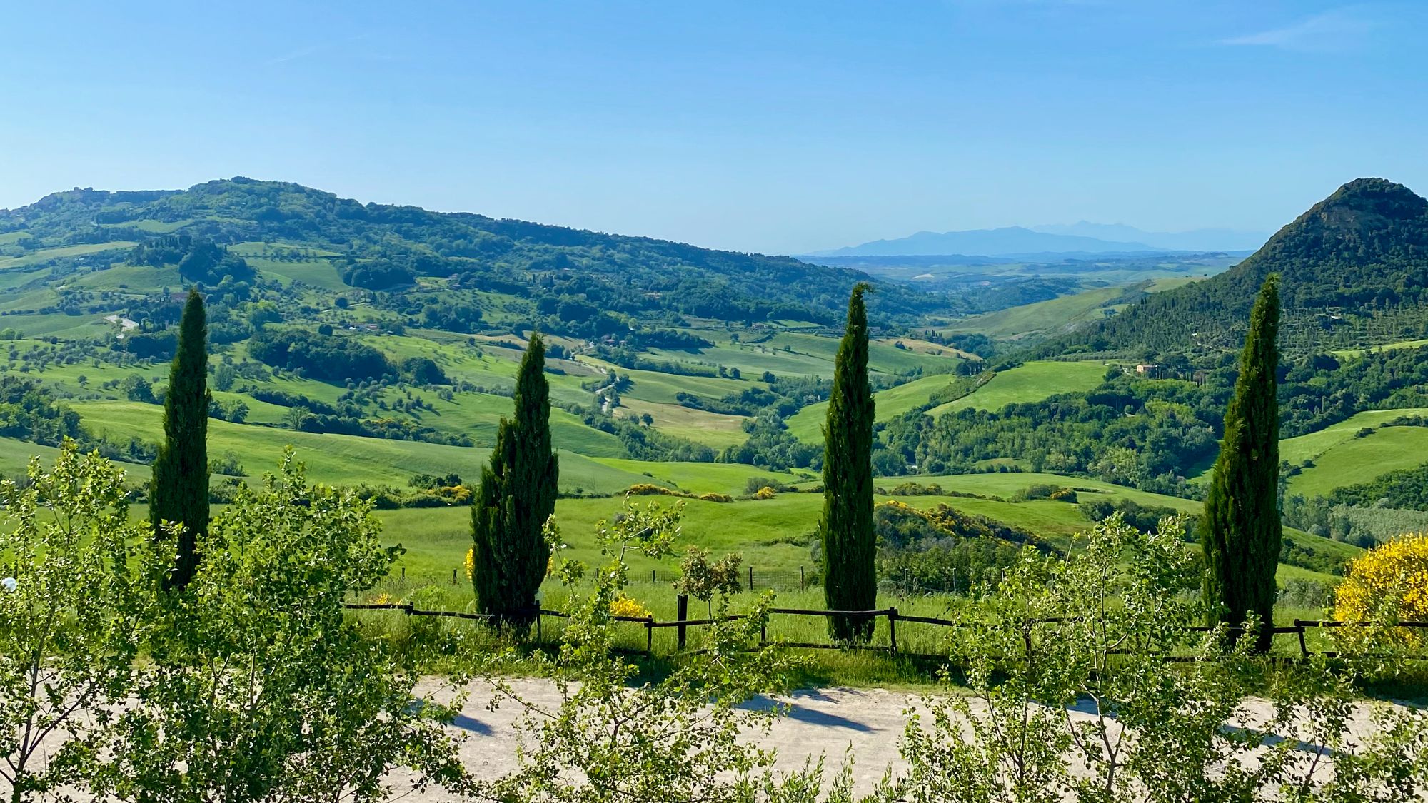 The green tuscan rolling hills on the way from San Gimignano to Volterra