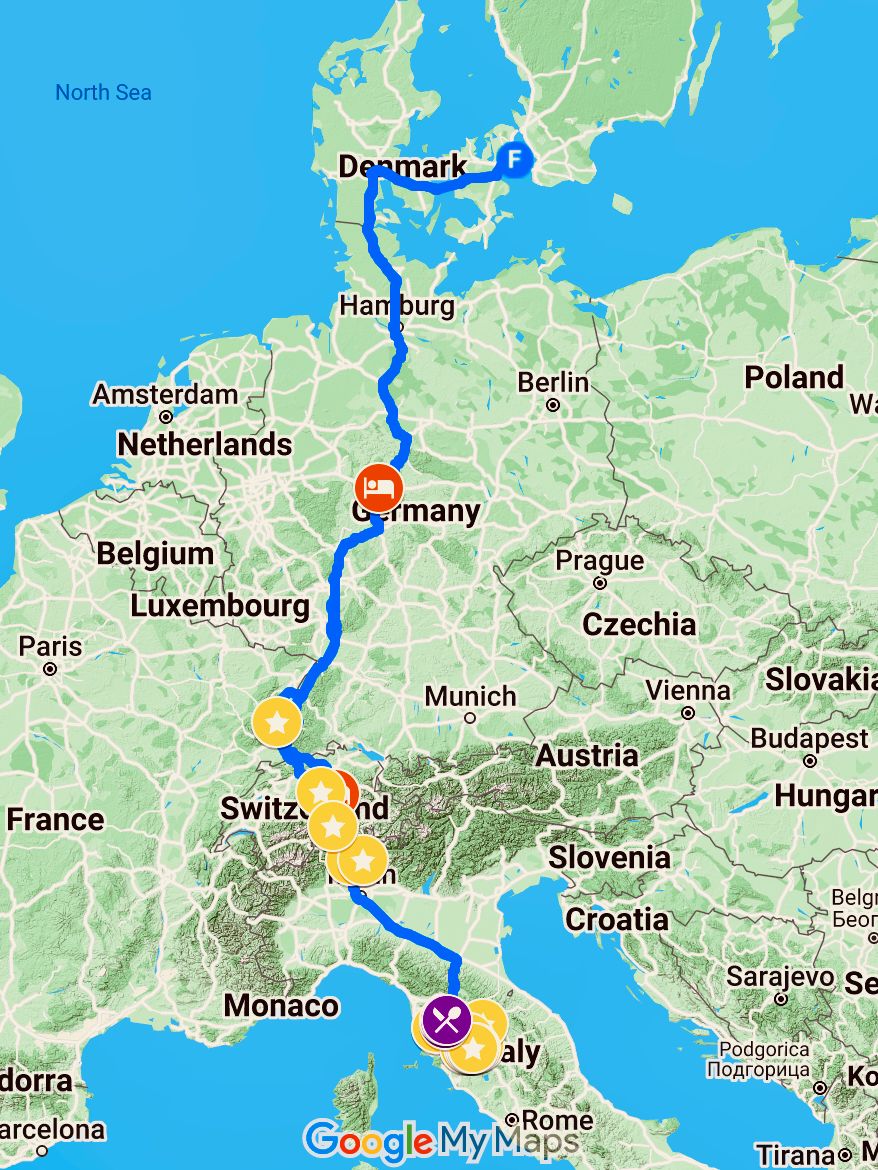 A map with our journey crossing Denmark, Germany, Switzerland and Italy