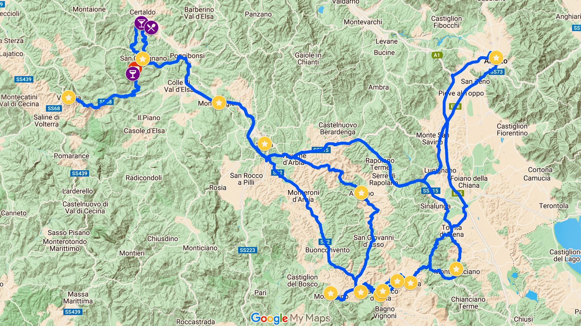 Map with our itinerary in Tuscany