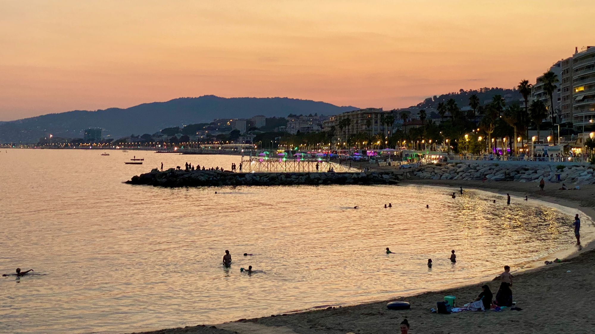 Cannes public beach at sunset