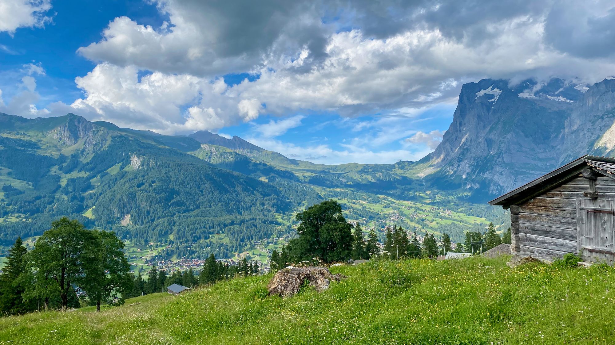 View over swiss valley with scattered houses and challets