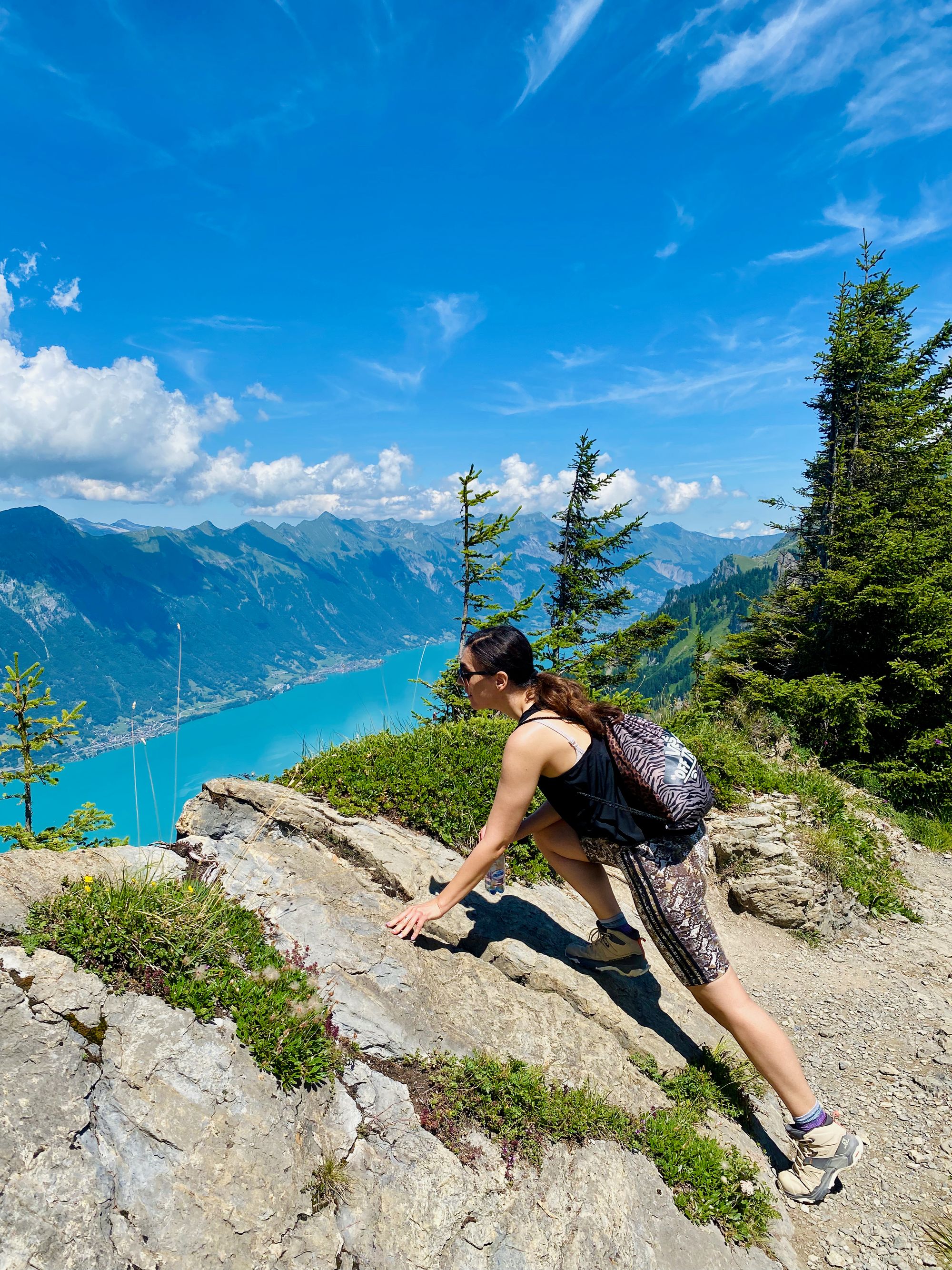 Silvia looking down at Lake Brienz from Schynige Platte panorama trail