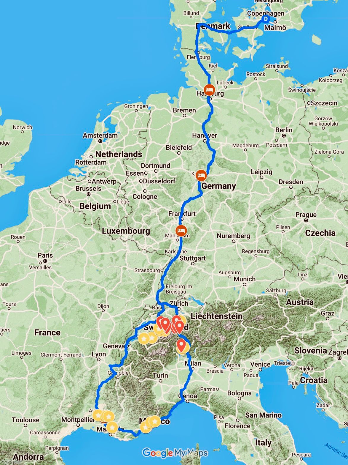 Map with our itinerary, crossing Denmark, Germany, Switzerland and France